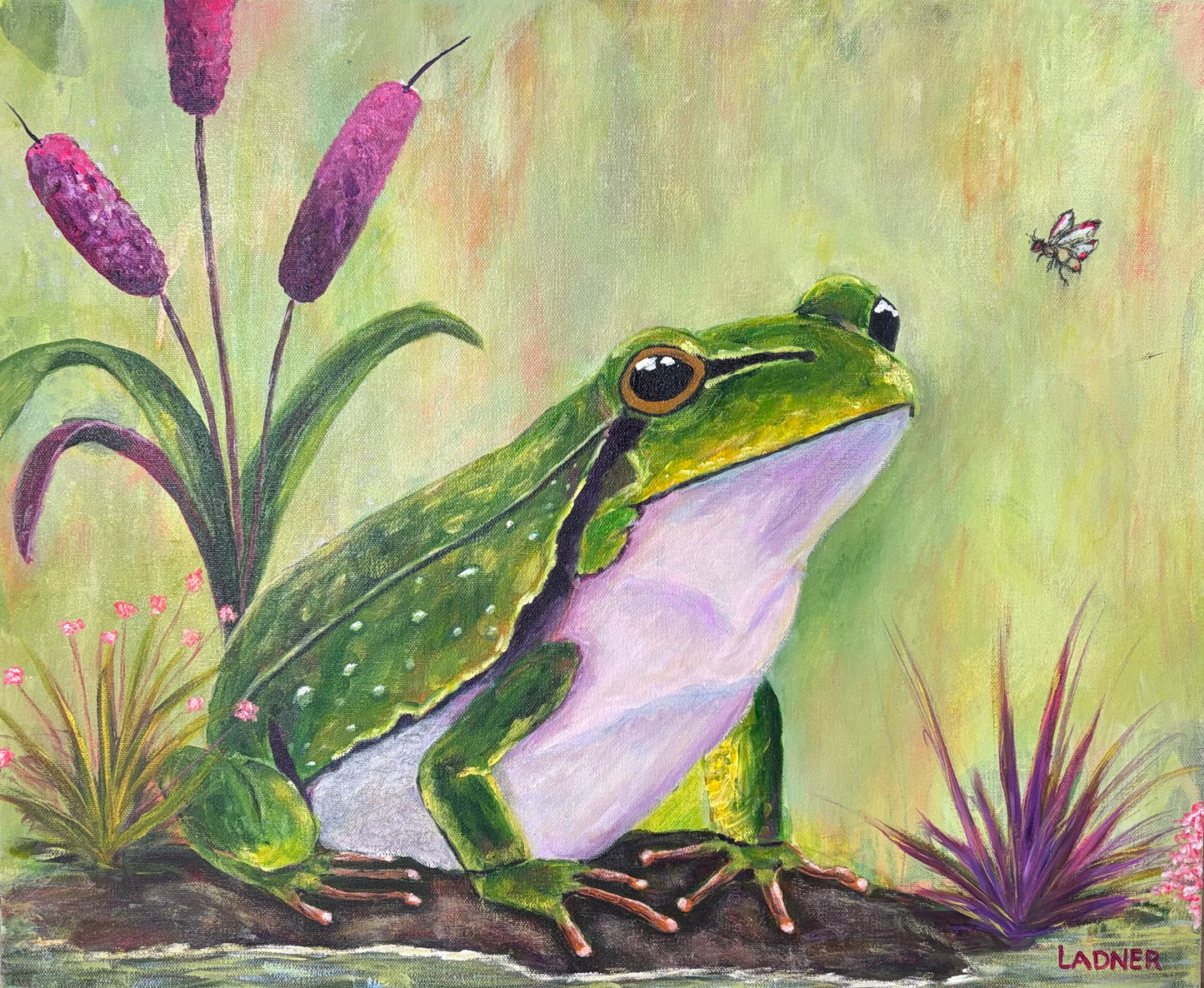 vibrant frog and pasty little fly acrylic & mixed media painting. Contemporary abstract realism, unique, colourful paintings inspired by wildlife and nature.