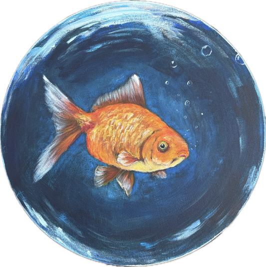round painting of a goldfish swimming in deep blue water, inside a bubble. fun and colourful