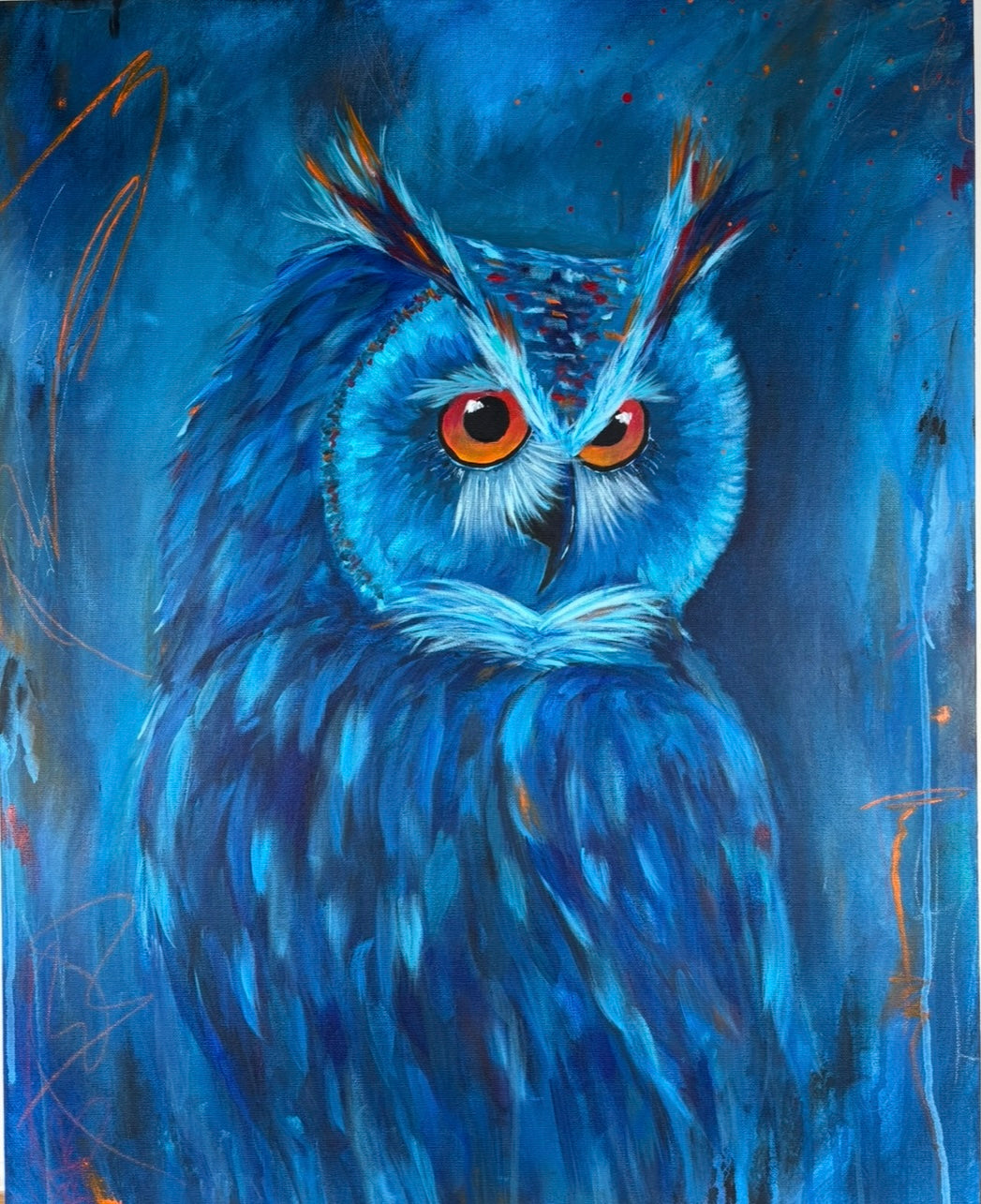 original monochromatic blue owl painting balancing wisdom and mystery