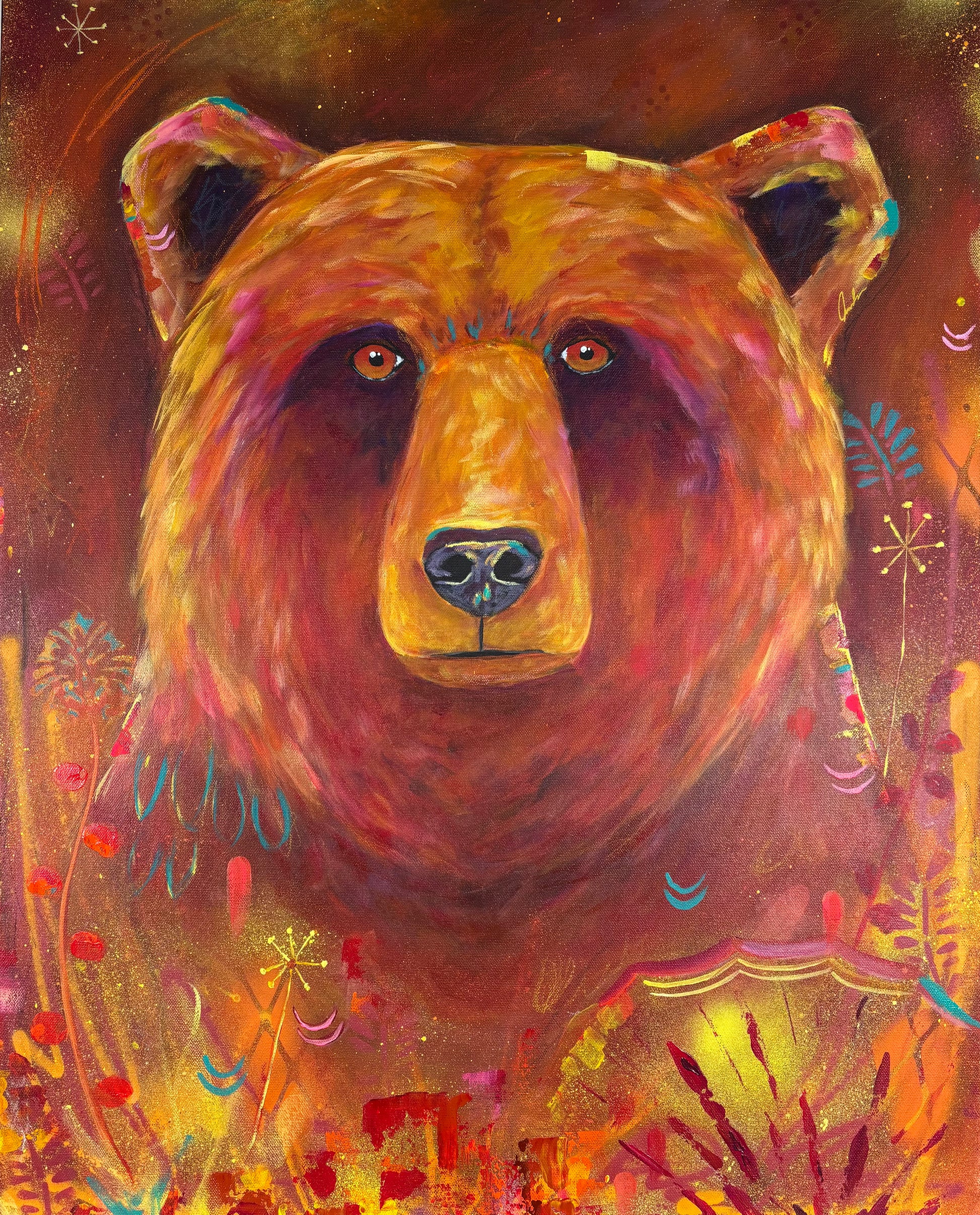 Colorful painting of a bear with a mystical background