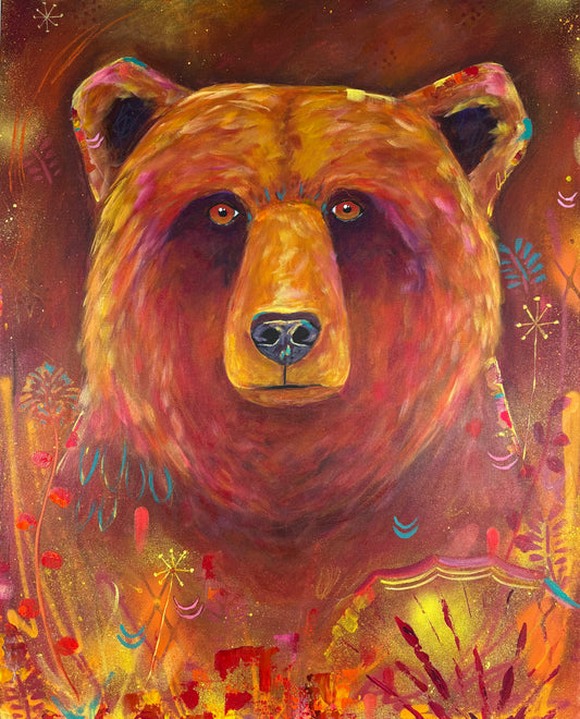 Colorful painting of a bear with a mystical background