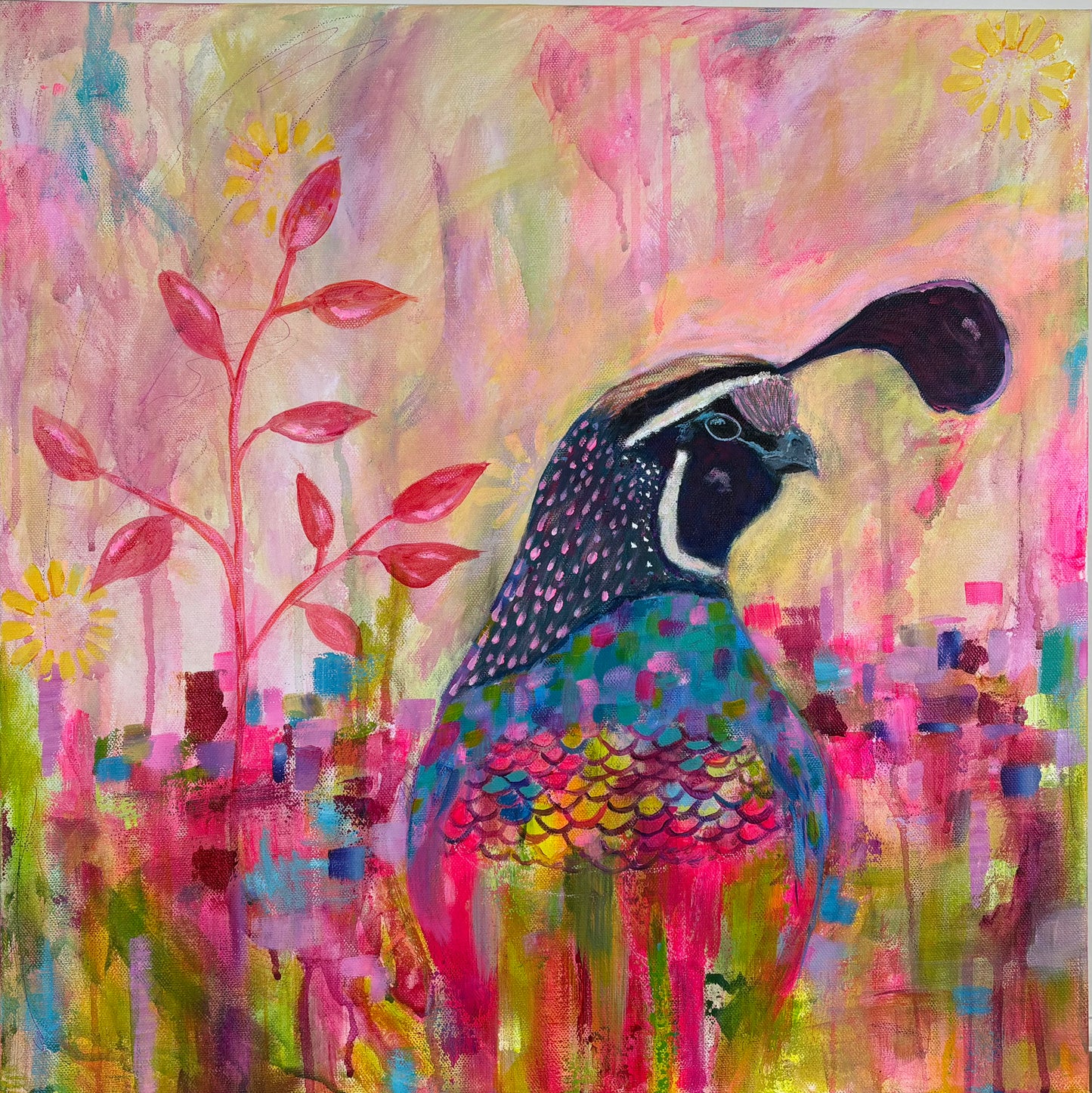 Colourful painting of a quail with abstract floral background