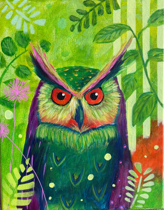 A vibrant and whimsical owl set against a lush, nature inspired background. With bold and saturated colours, its feathers blending shades of green, purple, and teal, and striking eyes give it an intense almost mystical expression.&nbsp;