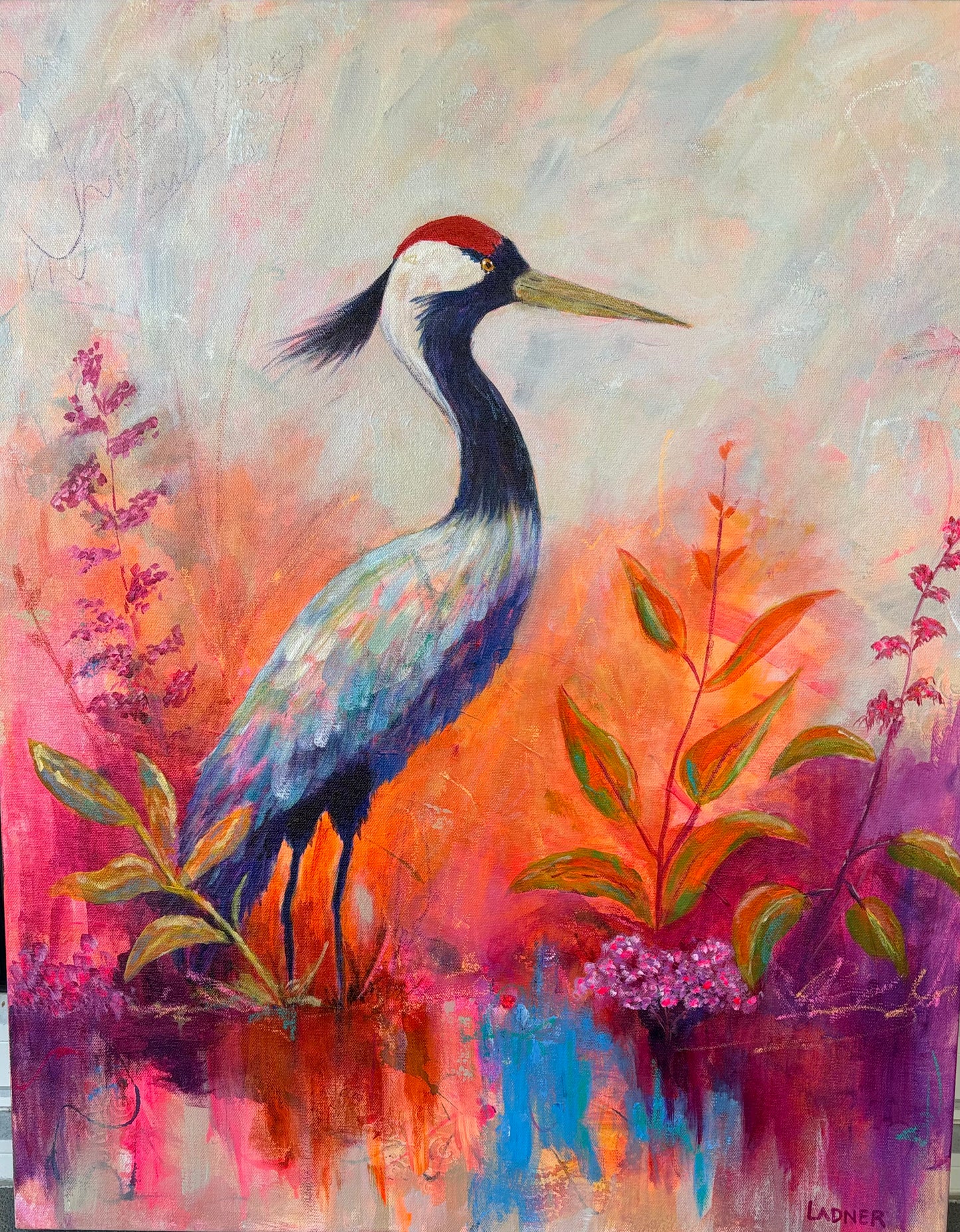 colourful painting of a crane standing in a vibrant marsh, surrounded by abstract foliage and warm orange-pink light