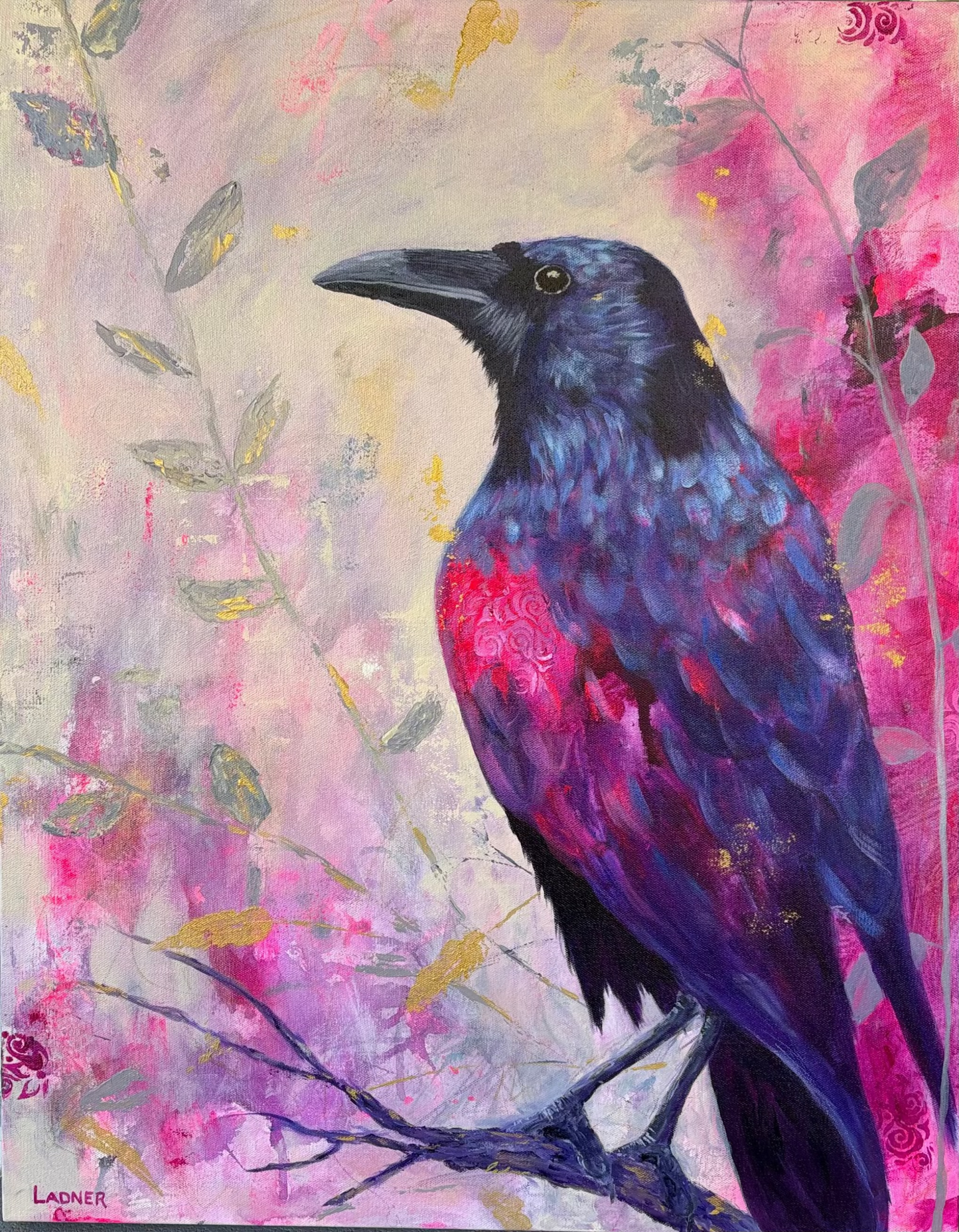 abstract realism painting of a crow with expressive brushstrokes in magenta, pink and purple tones capturing intensity and mystery