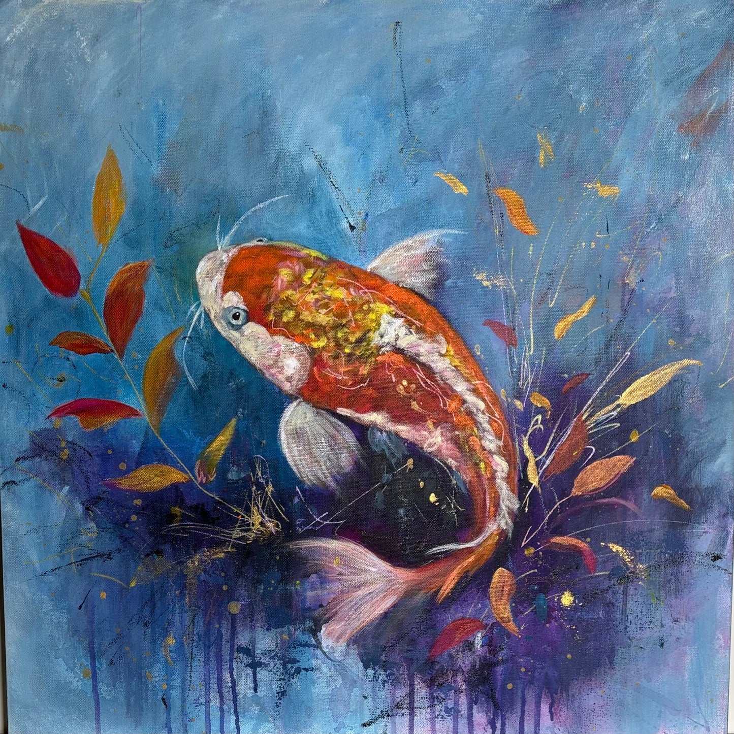 a bright koi fish glides through cool water, trailed by driving fall leaves. light catches its scales like small embers, a reminder of warmth in a cooling world. A painting about transition, persistence and the beauty of holding your own glow