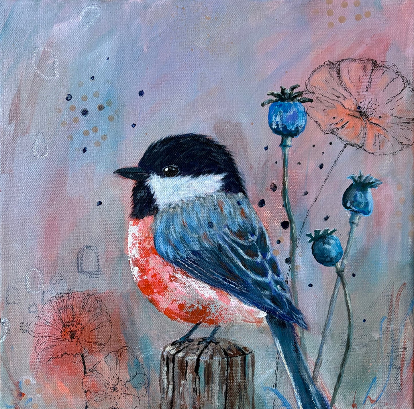beautiful little chickadee perched on a stump with flowers and poppies in the background