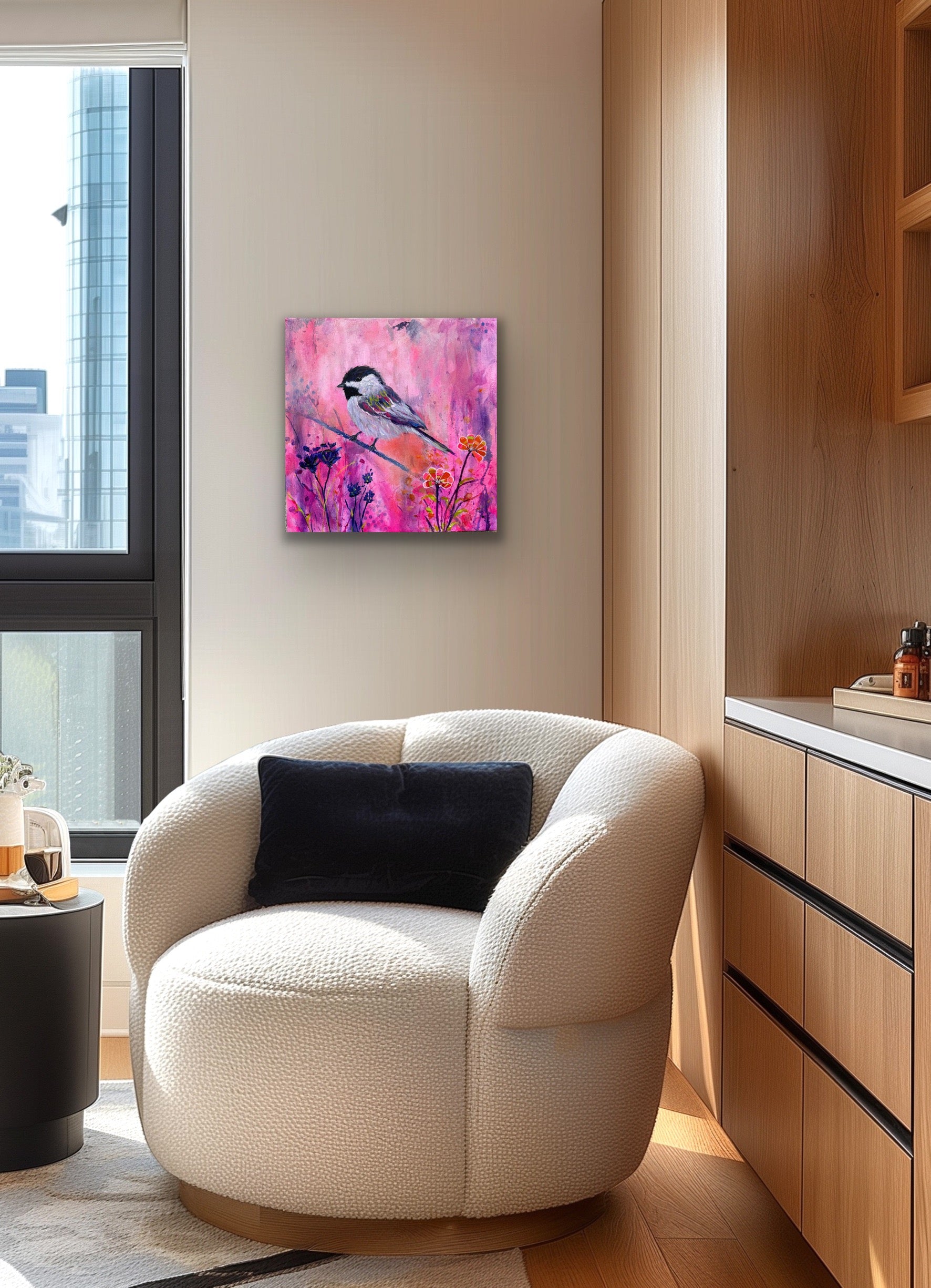 colourful little chickadee stopping between flights in a vibrant setting with small colourful flowers