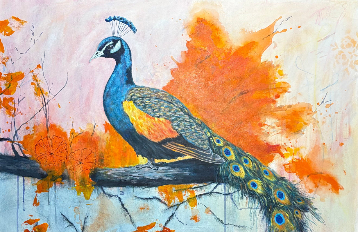 Colorful painting of a peacock with abstract orange and blue background