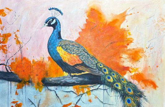 Colorful painting of a peacock with abstract orange and blue background