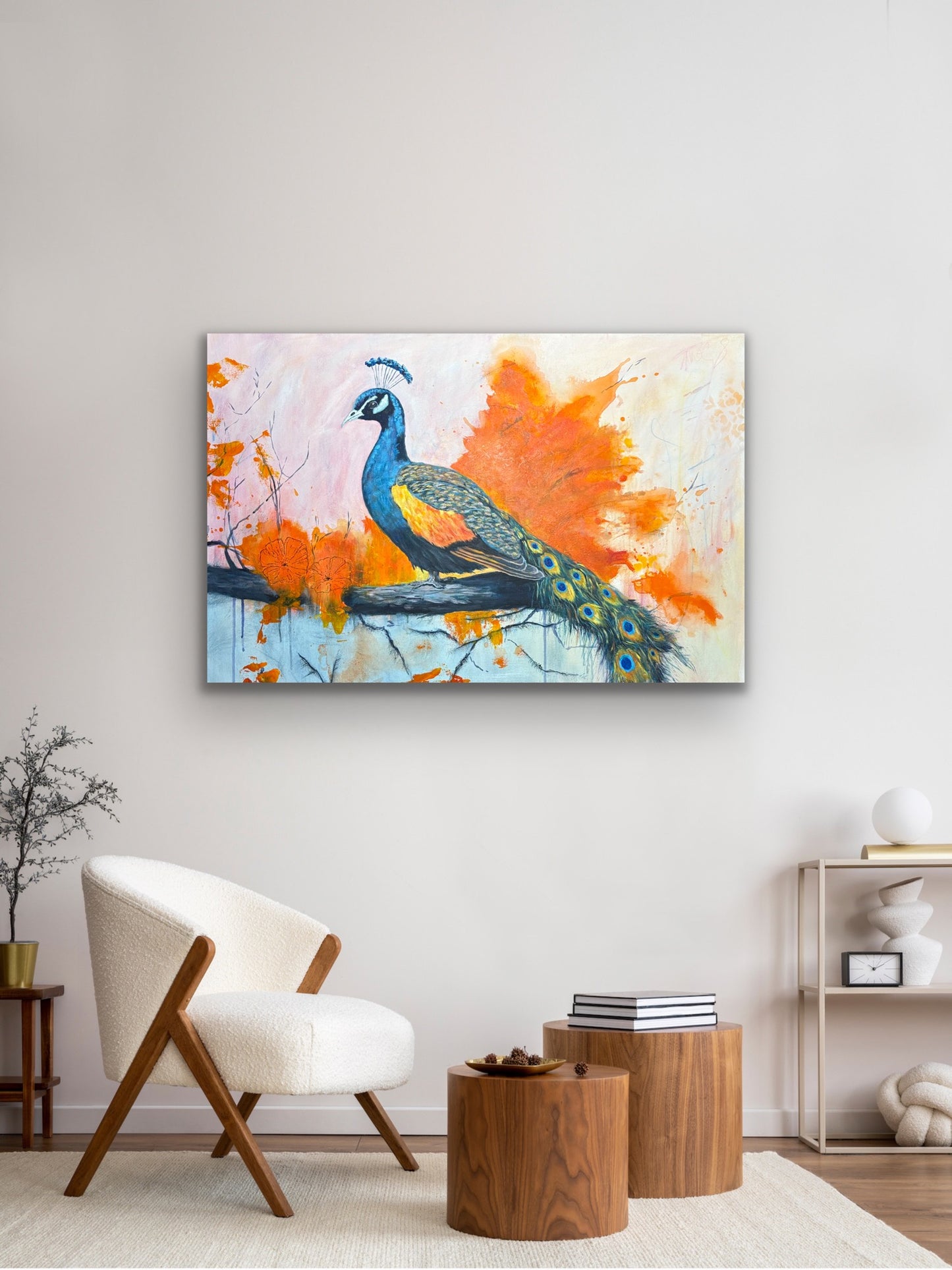 Original colourful contemporary Peacock painting with loose marks and expression