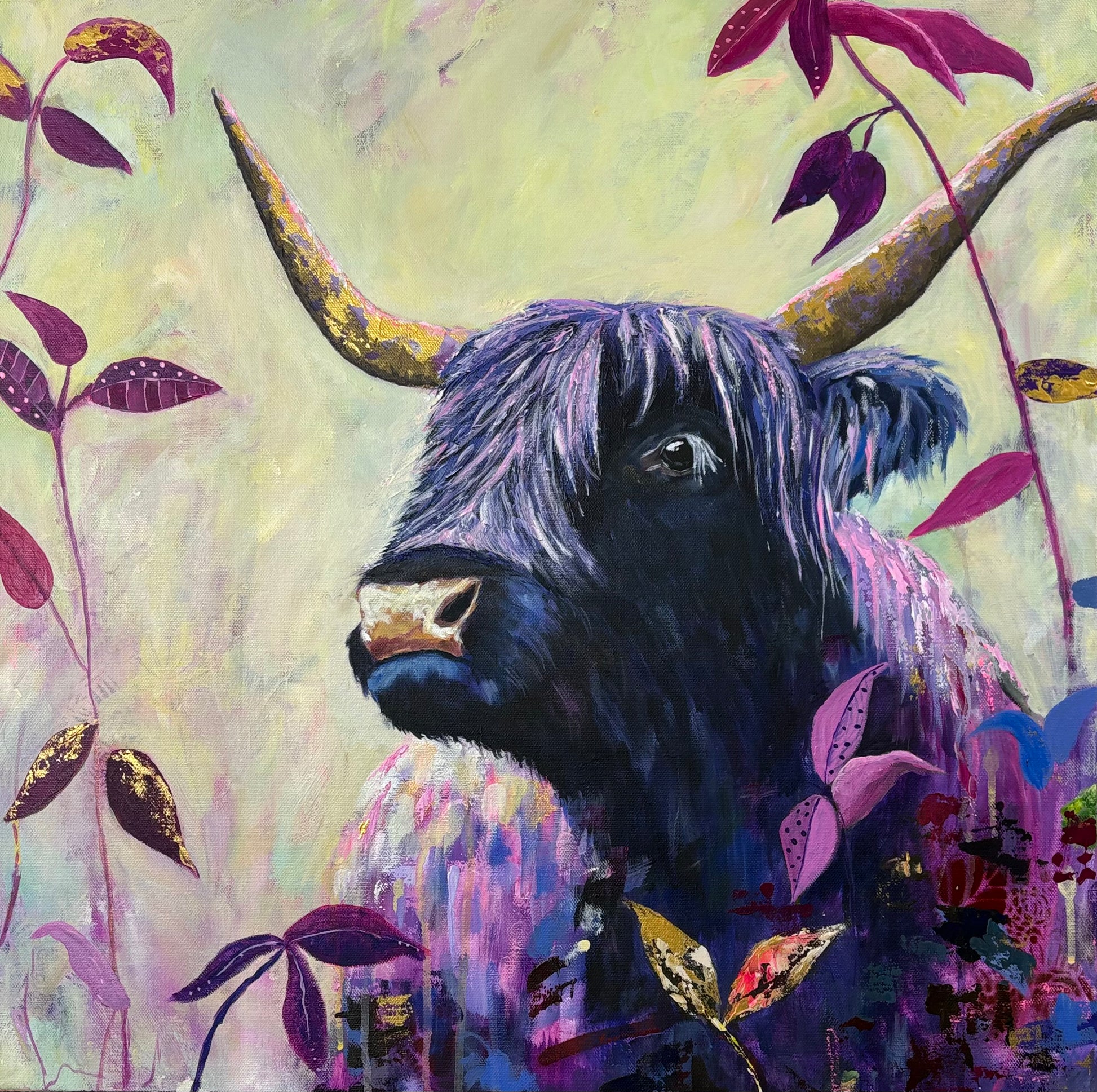 unique highland how painting with abstract marks and loose brushstrokes. contemporary art