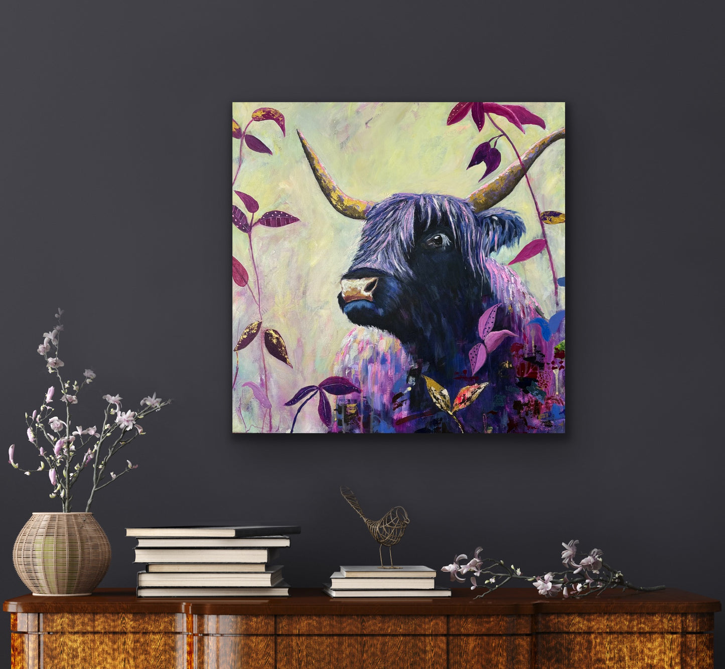 A symbol of gentle strength, and resilience, reimagined through a vibrant, contemporary palette. The purples and blues speak to creativity, intuition and emotional depth, while the gold accents add warmth and a sense of abundance.

Surrounded by abstract leaves, becoming a calm grounded presence at the centre of growth and transformation - a reminder to stand confidently in your uniqueness.&nbsp;