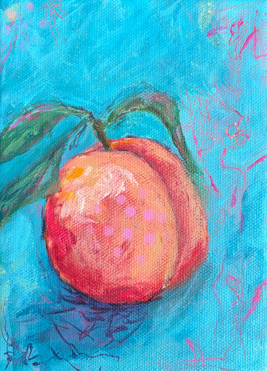 A fun juicy acrylic painting of a peach with green leaves on a bright blue background with abstract brushstrokes.