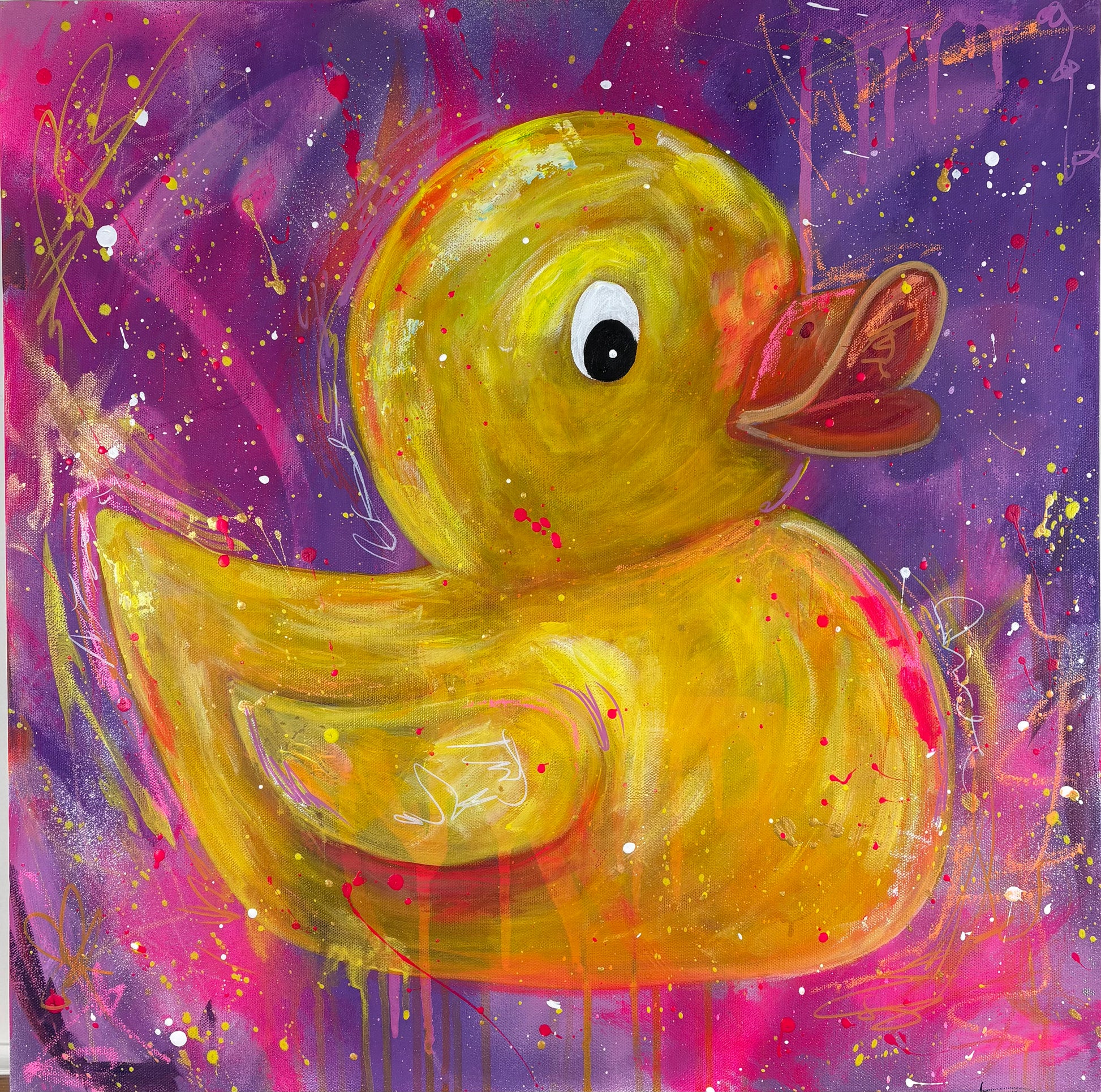 Reimagine the familiar rubber duck as a bold, contemporary subject set against an energetic abstract background. Expressive marks and layered splatters create movement and contrast balancing nostalgia with a modern, elevated edge.