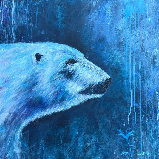 A blue-toned painted portrait of a polar bear in profile against an abstract icy blue background with dripped texture and visible 'LADNER' signature in the lower right.